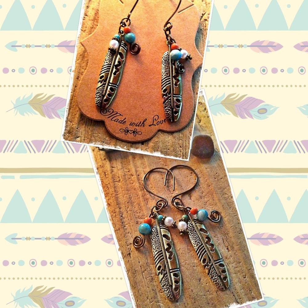 TRENDY BOHO BRASS AND BEAD FEATHER EARRINGS